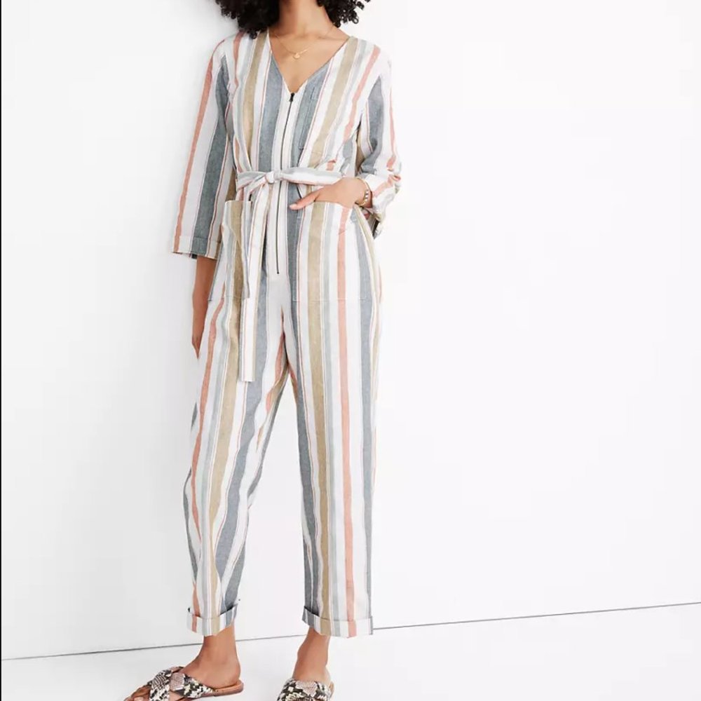 Madewell Striped V-Neck Tie-Waist Jumpsuit